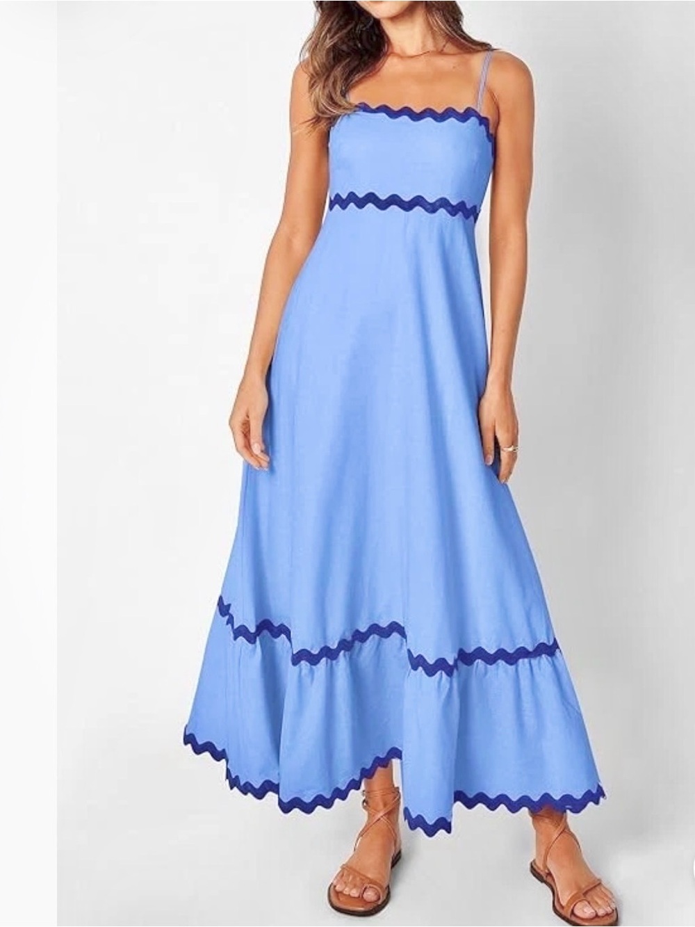 Light Chambray Blue Maxi Dress Royal Blue Ric Rac Sundress Spaghetti Straps XL